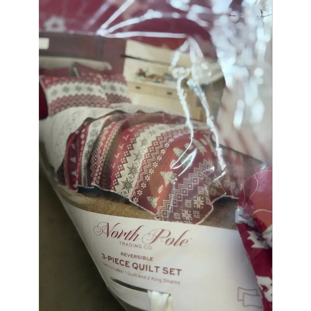 North Pole Trading Co. 3PC Cotton Holiday Novelty Stripe Quilt Set KING Red